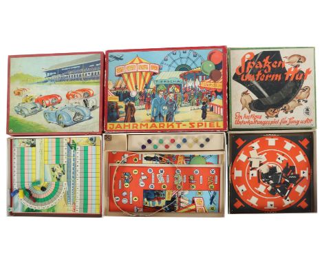 3 Brettspiele"Spatzen unterem Hut", Goebel Spiele-Verlag / Frankfurt, ca. 1937; Nr. 1285, drehbare Spielscheibe, 24 Pappe-Hüt