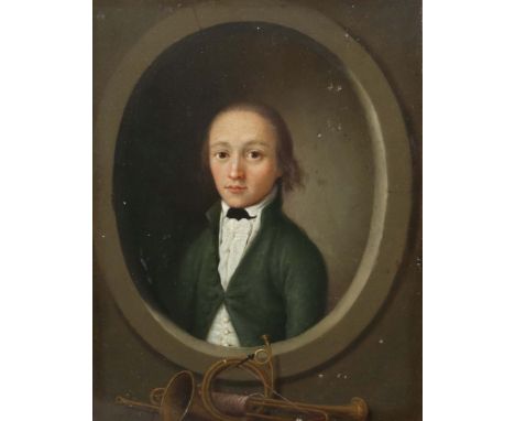 Maler des 18./19. Jh."Herrenportrait", Bildnis eines jungen Mannes im weißem Hemd und grüner Jacke, darunter Instrumente, rüc