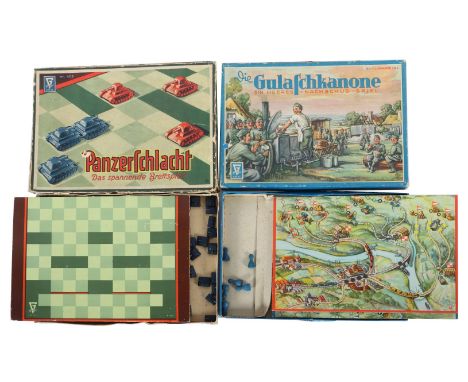 2 Brettspiele"Die Gulschkanone", Gräfe Verlag / Dresden, um 1940, Nr. 104, Spielbrett, 18 bunte Holzfiguren, 1 schwarzer Würf