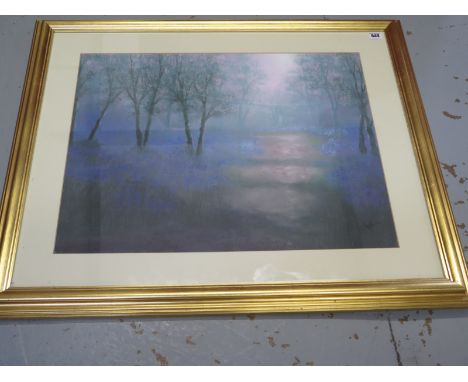 Mary Ann Clarke - Pink Light on the Bluebell Woods - pastel  framed and glazed - 90cm x 75cm