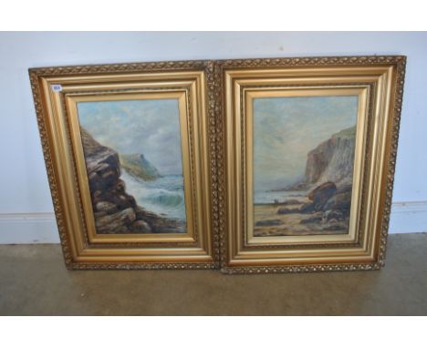 A pair of oil on canvas coastal scenes unsigned - 50cm x 35cm - in gilt frames, hole to one, patch to other, frames repainted