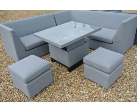 A Bramblecrest all weather Molly Modular sofa with mini adjustable casual dining table and two stools with light grey glass t