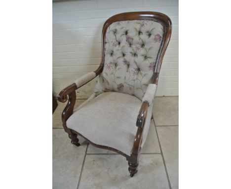 A Victorian button back mahogany scroll armchair - recently reupholstered
