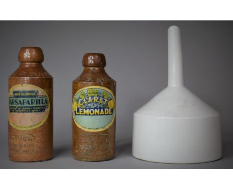 A White Glazed Ceramic Funnel, 14cm diameter Together with Two Stoneware Bottles for "Claret &amp; Lemonade" and "Sarsaparill