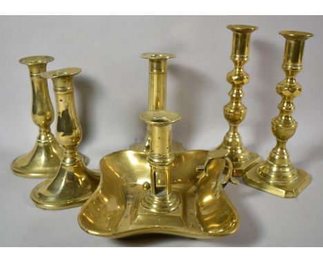 Two Pairs of Brass Candlesticks, a Bed Chamber Stick and a Single Brass Candlestick, Tallest 19.5cm high 