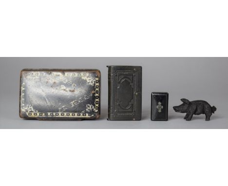 A Lacquered Snuff Box, 19th Century French Vesta, Miniature Box and Irish Bog Oak Pig (Missing Leg) 
