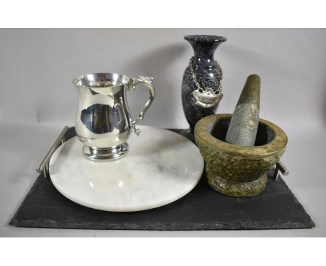 A Carved Granite Pestle and Mortar, Slate Two Handled Tray, Polished and Etched Stoneware Vase, Pewter Tankard, Whisky Decant