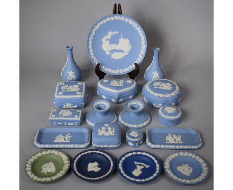 A Collection of Eighteen Pieces of Wedgwood Jasperware to include Lidded Pot, Vases, Candlestick Holders, Plates, Trinket Dis