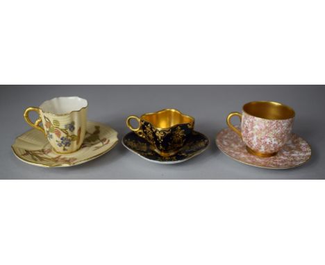 Three Miniature Cabinet Cups and Saucers to Include Gilt and Black Glazed Coalport and Two Royal Worcester 