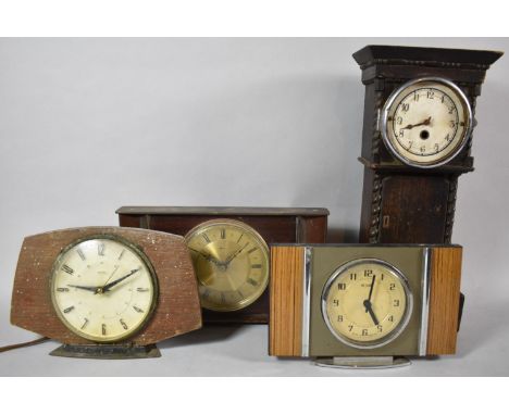 A Collection of Three Vintage Metamec Mantle Clocks Together with a Miniature Oak Long Case Clock, All for Restoration 