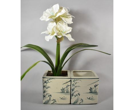 A Pair of "Peony" Blue and White Ceramic Square Planters, One Containing Artificial Flower, 18cm high 