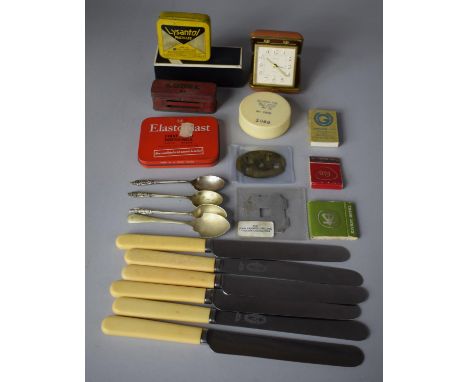 A Small Collection of Sundries to Include Bone Handled Cutlery, Vintage Tins, Alarm Clock etc 
