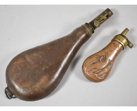 One Leather Shot Flask and One Copper and Brass Powder Flask Decorated in Relief with American Eagle 