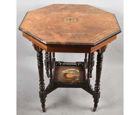 An Edwardian String Inlaid Octagonal Rosewood Occasional Table with Galleried Stretcher Shelf 