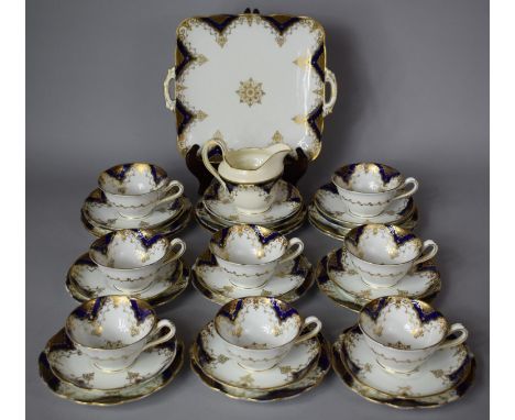 A Grosvenor China Jackson and Gosling Gilt and Cobalt Blue Batwing Teaset to comprise Cake Plate, Milk, Eight Cups, Twelve Sa