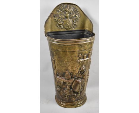 A Large Pressed Metal Fireside Stick Container Having Internal Scene and Armorial Decoration, 77cm high