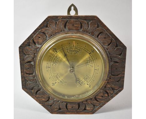 A Mid 20th Century Carved Oak Octagonal Wall Hanging Barometer with Brass Bell, 23cm Diameter 