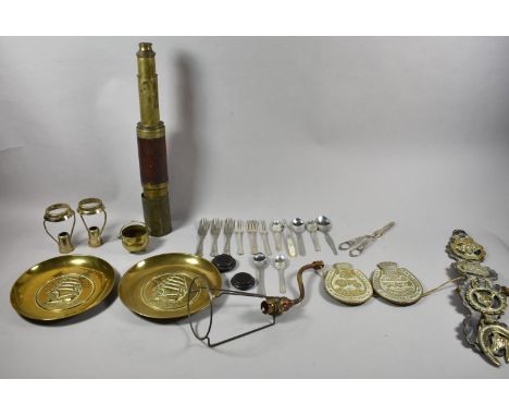 A Box of Sundry Metalwares to Include Horse Brases, Galleon Plaque, 19th Century Brass and Leather Mounted Telescope (AF), Gr