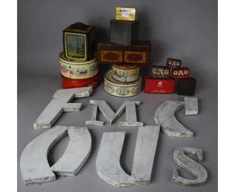 A Collection of Various Tins, Pewter Tea Caddy and Wall Hanging Letters 
