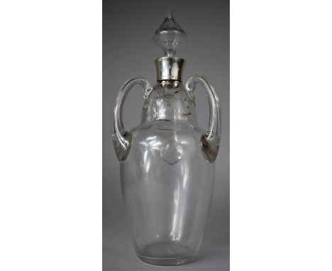 A Silver Topped Three Handled Tyg Decanter, Stapled Repair to Neck, 29cm high 