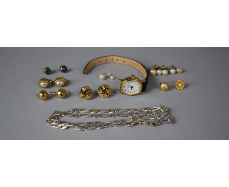 A Collection of Gold and Yellow Metal Costume Earrings, Rotary Gold Plated Wrist Watch and Italian Silver Necklace 