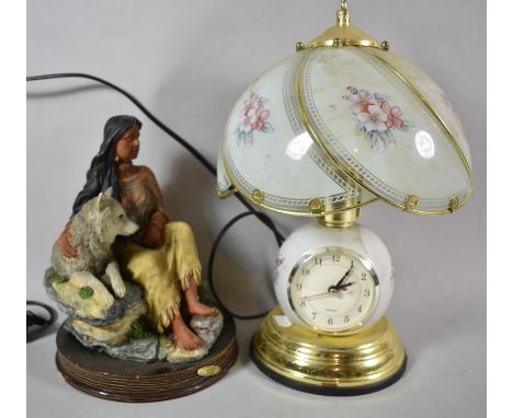 A Modern Touch Table Lamp/Clock Together with Resin Figure of Indian Squaw with Wolf 