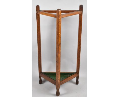 An Edwardian Triangular Oak Stick Stand with Metal Drip Tray, 38cm Wide 