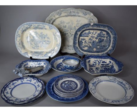 A Collection of Various Blue and White China to include Ceramic Handled Knives, Various Bowls and Dishes, Meat Plates Etc 