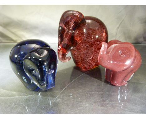 WEDGWOOD GLASSWARE - Three Wedgwood glass elephants - 1 with chipped trunk. 