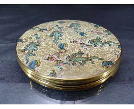 Unusual Vogue Vanitie Compact decorated with Enamel to front depicting Japanese warriors and dragons