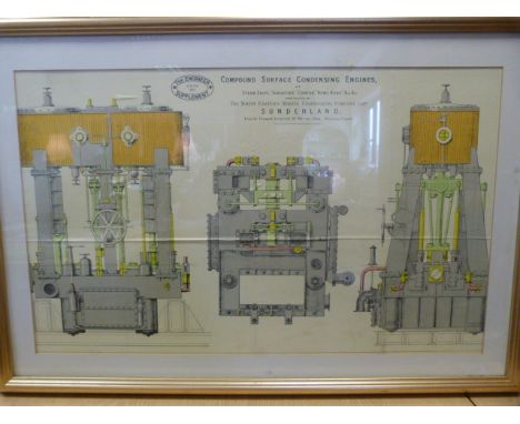 Framed Blue print  of Compound Surface Condensing Engines of Steam Ships 'Singapore', 'Canton','Hong Kong constructed by The 