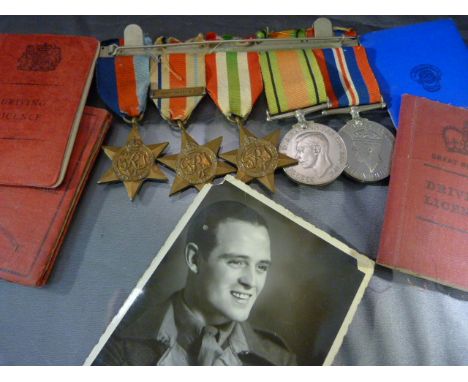 World War II medals, five in total, three stars & two War medals all on original bar with ribbons. The Africa star with "8th 