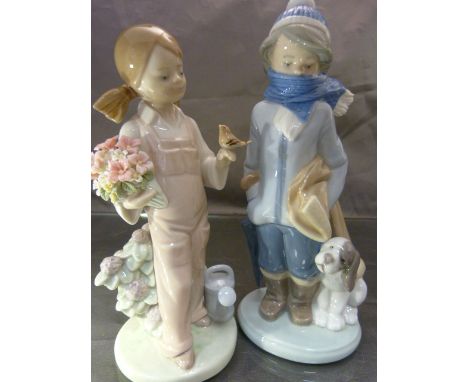 Two Lladro figures - 1 of a boy wrapped in a scarf with his puppy and the other of a girl in the summertime.