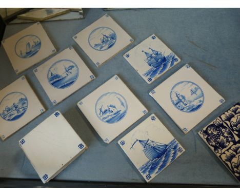Collection of Delft Tiles to include several blanks. All depicting farming scenes or ships. Eight painted with scenes and 6 b