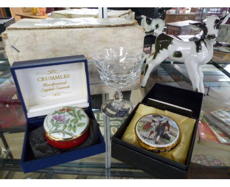 Crummles Enamel flower studies pill pot, a Kinglsey Enamel example, Boxed set of Brierley Glasses and a small china figure of