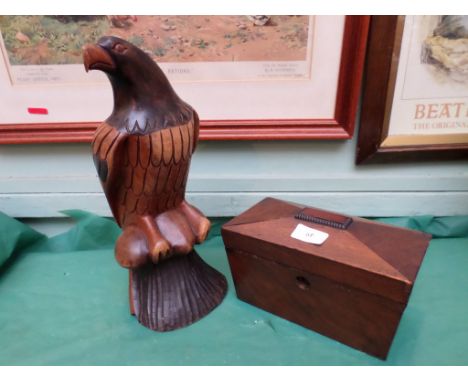 Wooden carving of an Eagle and a rosewood 2 cpt. tea caddy