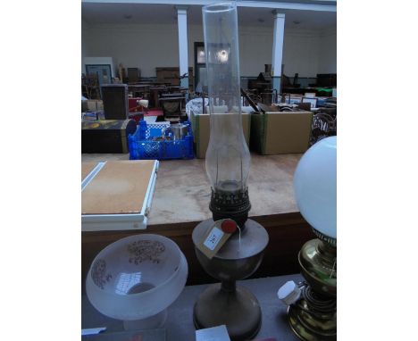 Early 20th century oil lamp with glass flue and non-fitting etched clouded glass shade