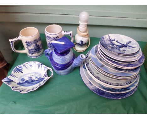 Magpie lot of principally blue and white Delft ware incl. tankards, presentation plates, comical tea pot, table lamp etc. (ap