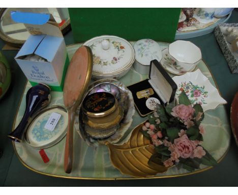 Sel. of bone china lidded pots etc. from popular factories, petal ornaments, powder compacts, brass and pink enamel framed ha