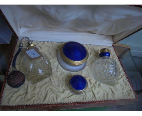 Boxed late Victorian cut glass 4 piece ladies dressing table scent/perfume set incl. 2 cut glass bottles, one with atomiser, 