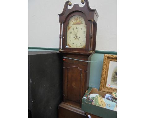 8 day long cased grandfather clock in mixed woods the oak front inlaid with oval panel of a scallop shell, the upper painted 