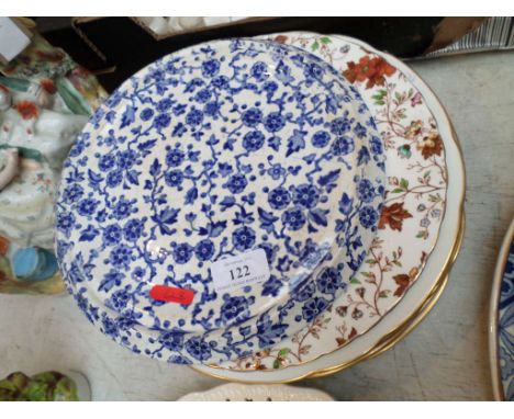 6 Copeland white ground pink rose patterned dinner plates,light blue floral patterned cake plate etc.