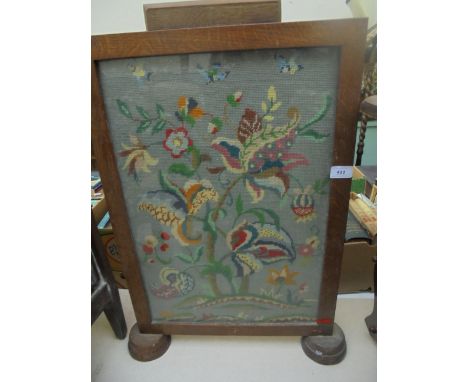 Oak framed firescreen inset floral coloured embroidery 