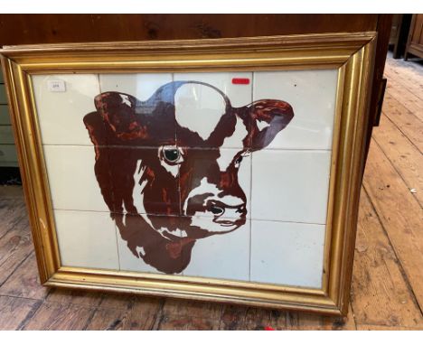 Gilt framed 12 tile portrait of a bullocks head
