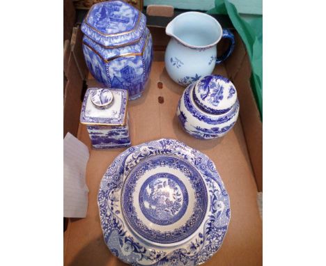 Sel. of blue and white ware incl. a Copeland Spode Italian patterned sandwich plate, Ringtons Millennium and other caddies, g