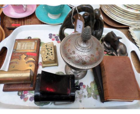 Magpie lot incl. lidded metal Oriental casket, WW II blackout cycle lamp, wall mounted brass pipe tidy, stone ornaments, hors