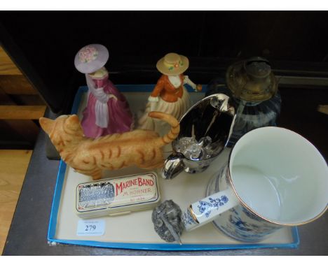 Magpie lot of a boxed Hohner mouth organ, 2 Royal Doulton figurines of ladies in their evening gowns 'Autumn Stroll' and 'Sum