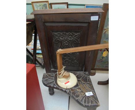 Carved music cabinet in disrepair, carved triangular stool and an angle light