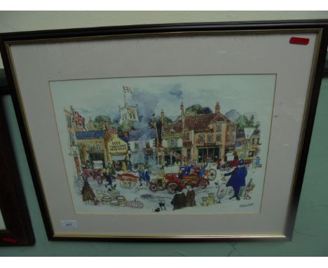 ORIGINAL WATERCOLOUR BY THE LOCAL ARTIST COLIN CARR, OF EARLY 20TH CENTURY LOCAL STREET SCENE INCLUDING THE GRIMSBY FIRE ENGI