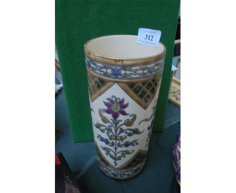 Zsolnay cylindrical vase the enamel decoration in Persian style multi-coloured flowers (24cm tall x 9 1/2 cm diam.), blue Zso